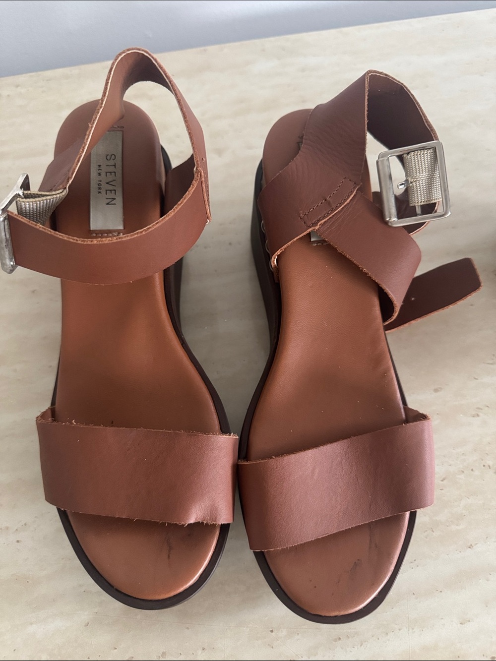 Steve Madden Brown Leather Wedge Sandals with Silver Buckle